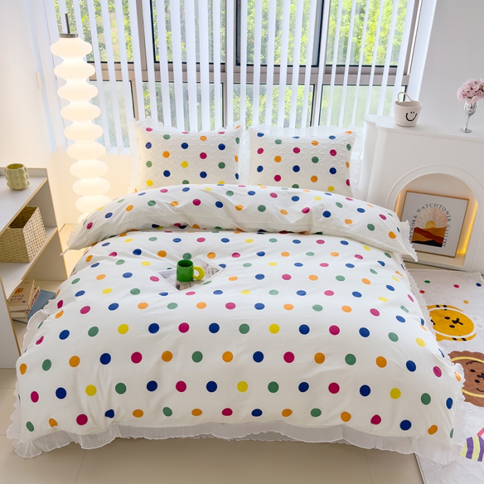 91家纺网 家纺一手货源 找家纺 冬然 2023新款全棉床盖纯棉床盖夹棉床单全棉床单纯棉床单五彩波点