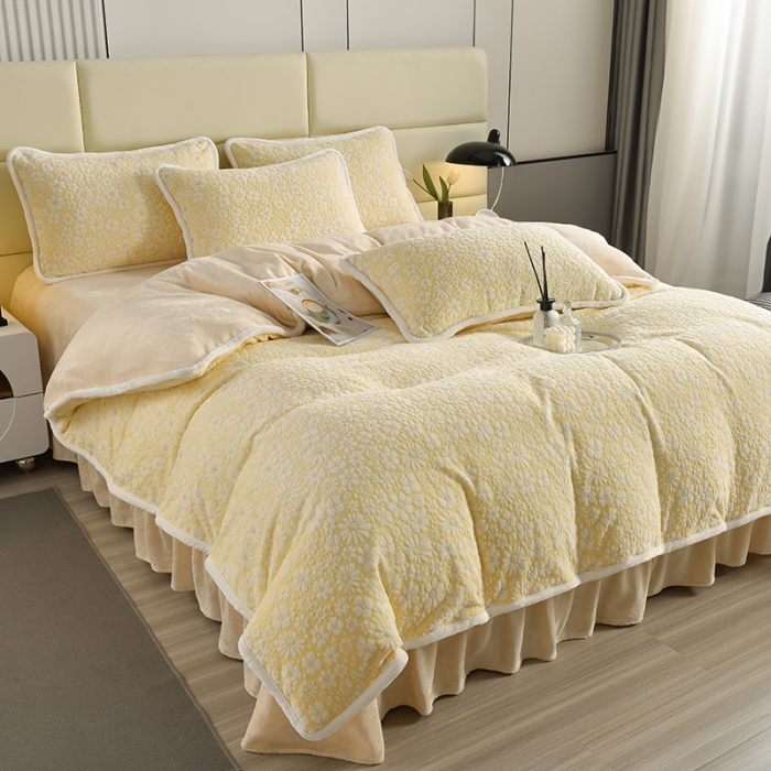 91家纺网 家纺一手货源 找家纺 畅畅家纺 2023新款A类雕花绒牛奶绒四件套 绒雪花-黄