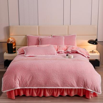 畅畅家纺 2023新款A类雕花绒牛奶绒四件套 山茶花-粉