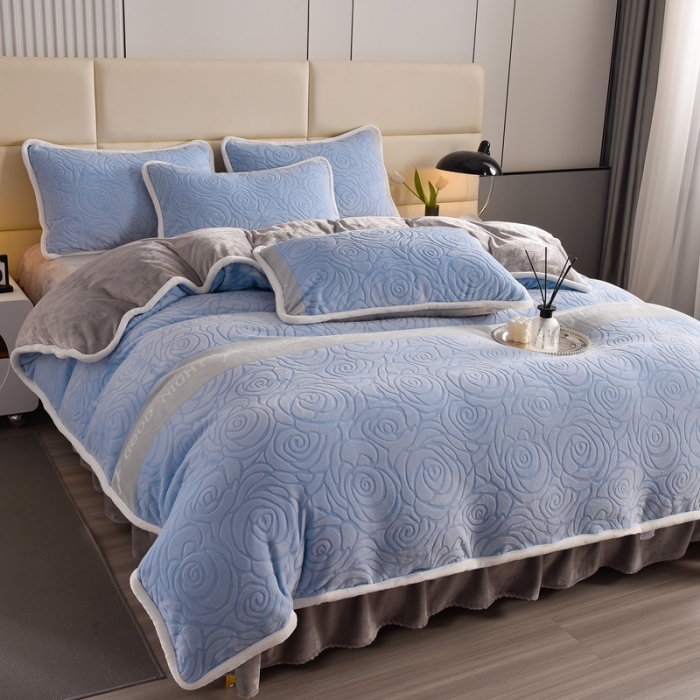 91家纺网 家纺一手货源 找家纺 畅畅家纺 2023新款A类雕花绒牛奶绒四件套 山茶花-兰