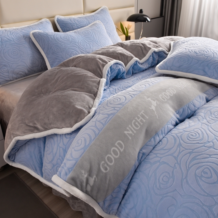 91家纺网 家纺一手货源 找家纺 畅畅家纺 2023新款A类雕花绒牛奶绒四件套 山茶花-兰