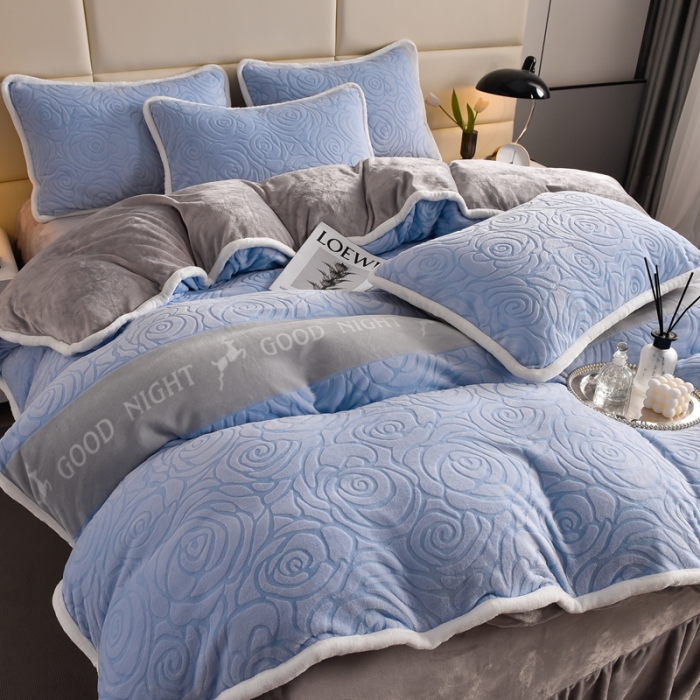 91家纺网 家纺一手货源 找家纺 畅畅家纺 2023新款A类雕花绒牛奶绒四件套 山茶花-兰