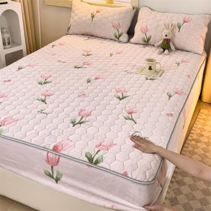 91家纺网 家纺一手货源 找家纺 圣比熊 牛奶绒抗静电夹棉床笠床罩床单床盖床护垫套宿舍三件套 花语