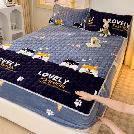 圣比熊 A类牛奶绒抗静电夹棉床笠床罩床单床盖床护垫套宿舍三件套 可爱狗