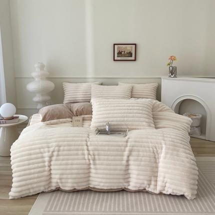 畅畅家纺 2023新款兔毛绒兔兔绒懒兔绒立体剪花牛奶绒四件套 波浪-白+咖
