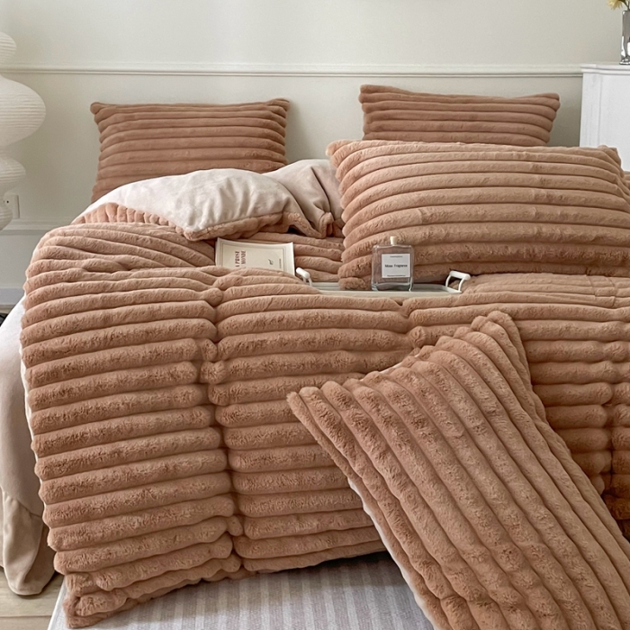 91家纺网 家纺一手货源 找家纺 畅畅家纺 2023新款兔毛绒兔兔绒懒兔绒立体剪花牛奶绒四件套 波浪-咖