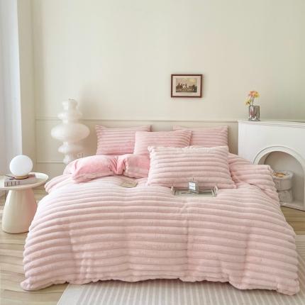 畅畅家纺 2023新款兔毛绒兔兔绒懒兔绒立体剪花牛奶绒四件套 波浪-浅粉