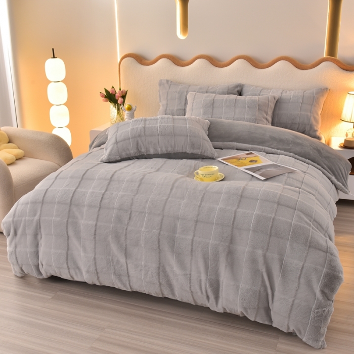 91家纺网 家纺一手货源 找家纺 畅畅家纺 2023新款兔毛绒兔兔绒懒兔绒立体剪花牛奶绒四件套 典雅灰