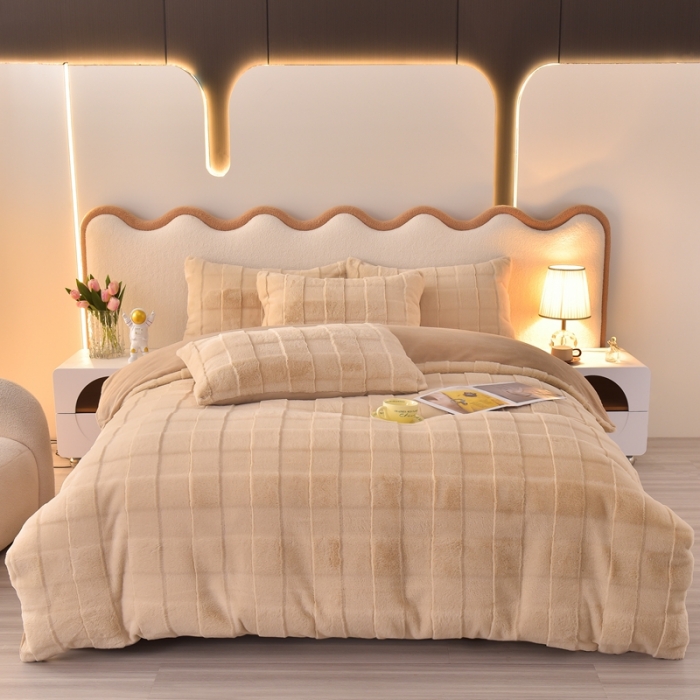 91家纺网 家纺一手货源 找家纺 畅畅家纺 2023新款兔毛绒兔兔绒懒兔绒立体剪花牛奶绒四件套 咖色