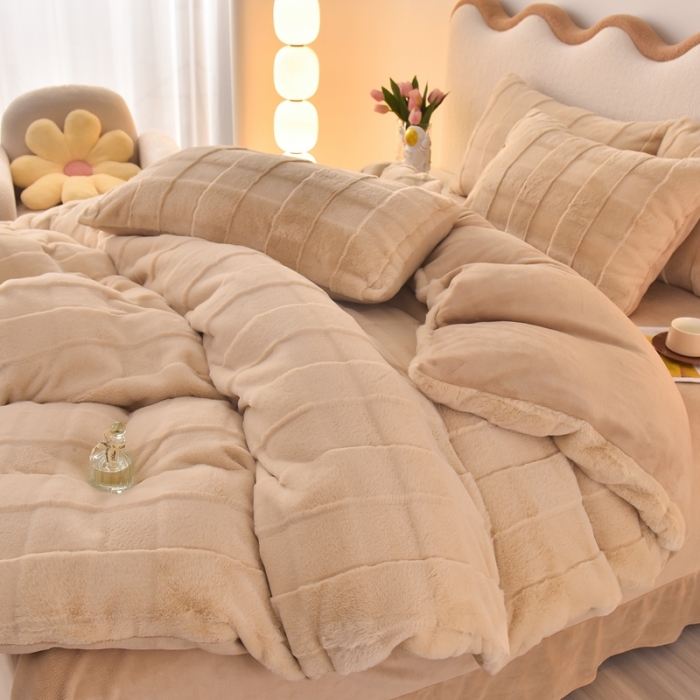 91家纺网 家纺一手货源 找家纺 畅畅家纺 2023新款兔毛绒兔兔绒懒兔绒立体剪花牛奶绒四件套 咖色