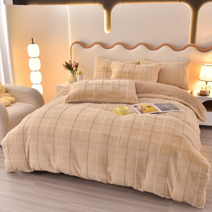 91家纺网 家纺一手货源 找家纺 畅畅家纺 2023新款兔毛绒兔兔绒懒兔绒立体剪花牛奶绒四件套 咖色