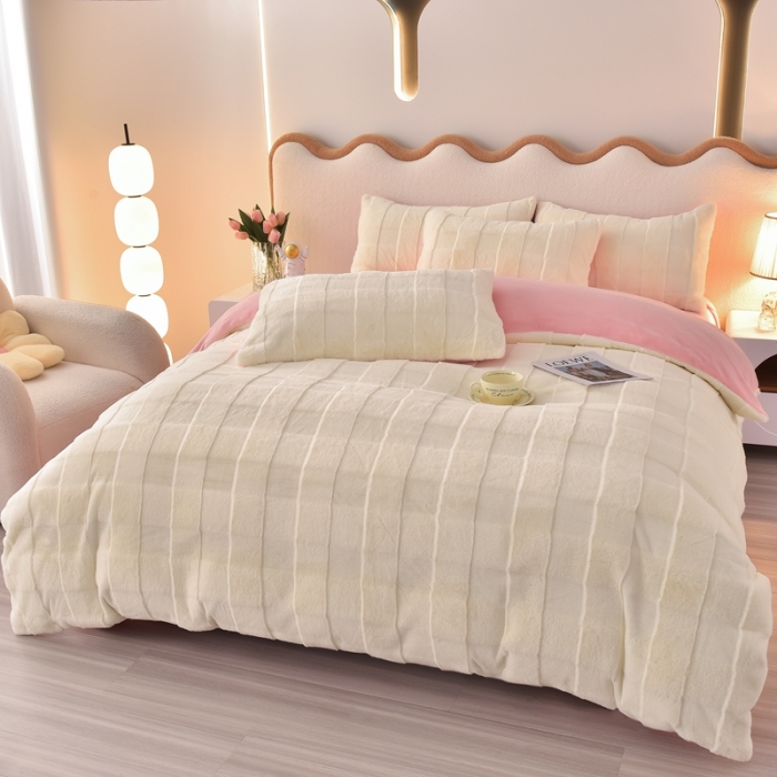 91家纺网 家纺一手货源 找家纺 畅畅家纺 2023新款兔毛绒兔兔绒懒兔绒立体剪花牛奶绒四件套 米黄+粉