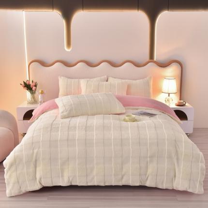 畅畅家纺 2023新款兔毛绒兔兔绒懒兔绒立体剪花牛奶绒四件套 米黄+粉