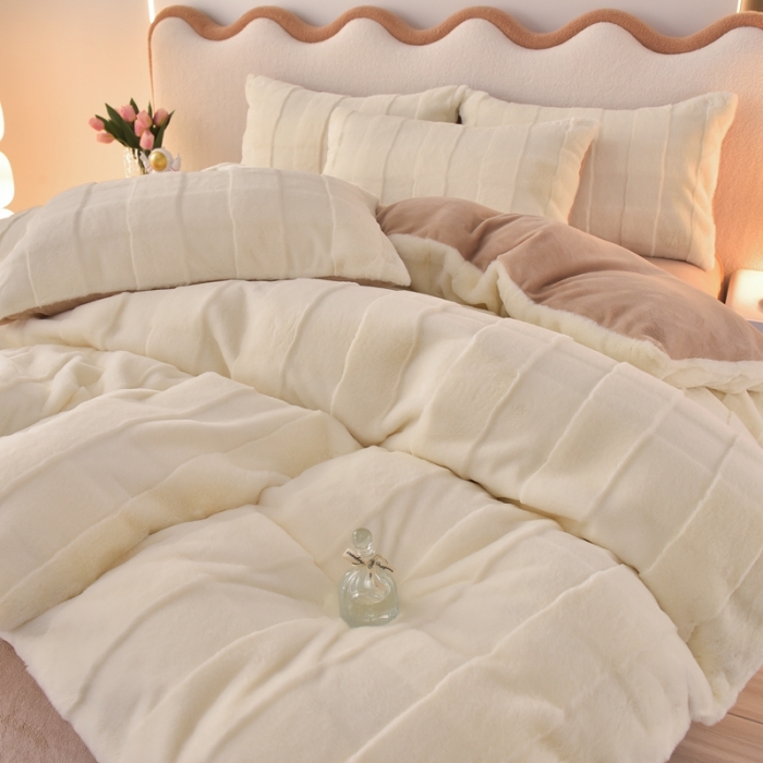 91家纺网 家纺一手货源 找家纺 畅畅家纺 2023新款兔毛绒兔兔绒懒兔绒立体剪花牛奶绒四件套 米黄+咖