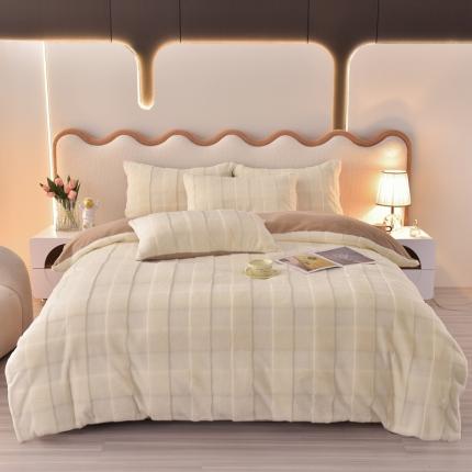 畅畅家纺 2023新款兔毛绒兔兔绒懒兔绒立体剪花牛奶绒四件套 米黄+咖