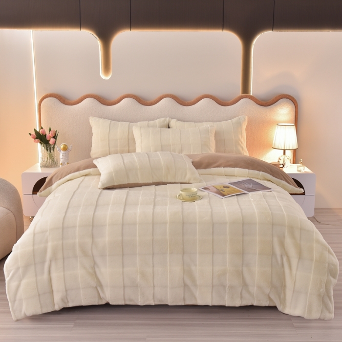 91家纺网 家纺一手货源 找家纺 畅畅家纺 2023新款兔毛绒兔兔绒懒兔绒立体剪花牛奶绒四件套 米黄+咖