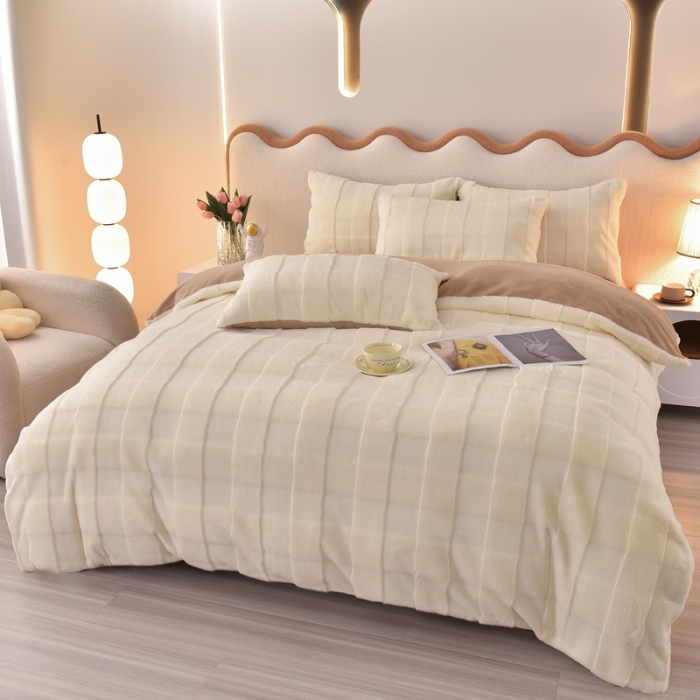 91家纺网 家纺一手货源 找家纺 畅畅家纺 2023新款兔毛绒兔兔绒懒兔绒立体剪花牛奶绒四件套 米黄+咖