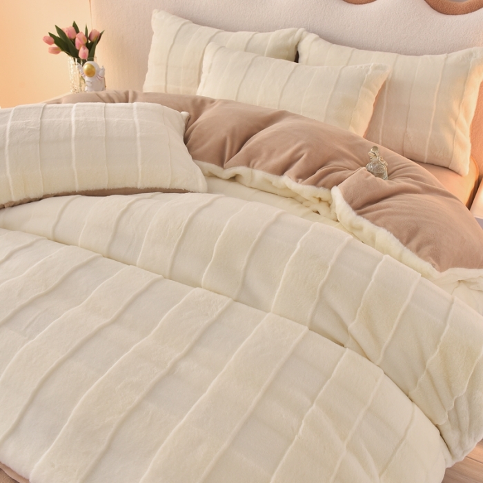 91家纺网 家纺一手货源 找家纺 畅畅家纺 2023新款兔毛绒兔兔绒懒兔绒立体剪花牛奶绒四件套 米黄+咖