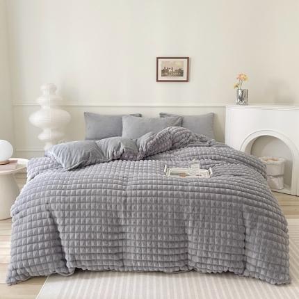 畅畅家纺 2023新款兔毛绒兔兔绒懒兔绒立体剪花牛奶绒四件套 泡芙格-灰