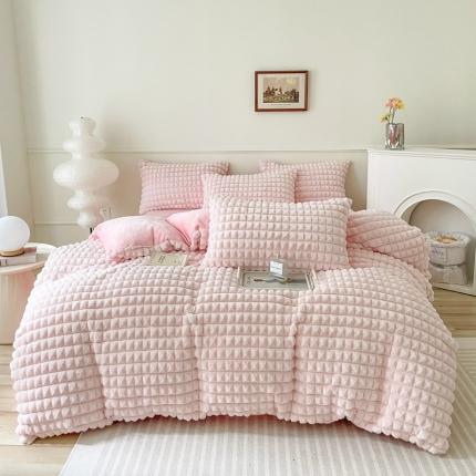 畅畅家纺 2023新款兔毛绒兔兔绒懒兔绒立体剪花牛奶绒四件套 泡芙格-浅粉