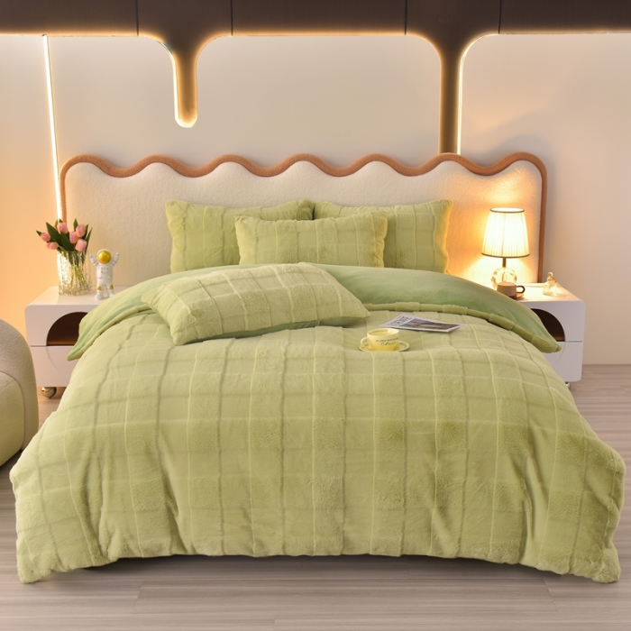 91家纺网 家纺一手货源 找家纺 畅畅家纺 2023新款兔毛绒兔兔绒懒兔绒立体剪花牛奶绒四件套 山茶绿