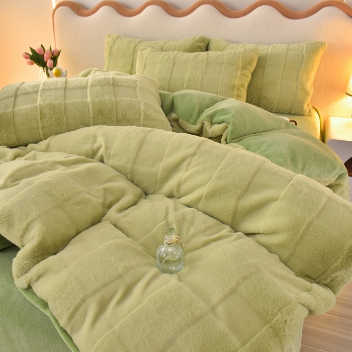 91家纺网 家纺一手货源 找家纺 畅畅家纺 2023新款兔毛绒兔兔绒懒兔绒立体剪花牛奶绒四件套 山茶绿