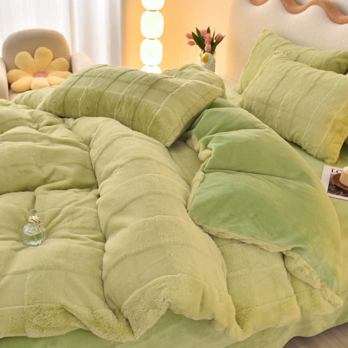 91家纺网 家纺一手货源 找家纺 畅畅家纺 2023新款兔毛绒兔兔绒懒兔绒立体剪花牛奶绒四件套 山茶绿