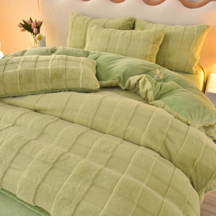 91家纺网 家纺一手货源 找家纺 畅畅家纺 2023新款兔毛绒兔兔绒懒兔绒立体剪花牛奶绒四件套 山茶绿