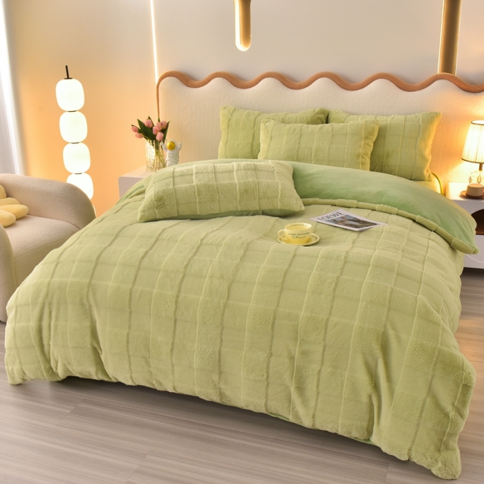 91家纺网 家纺一手货源 找家纺 畅畅家纺 2023新款兔毛绒兔兔绒懒兔绒立体剪花牛奶绒四件套 山茶绿