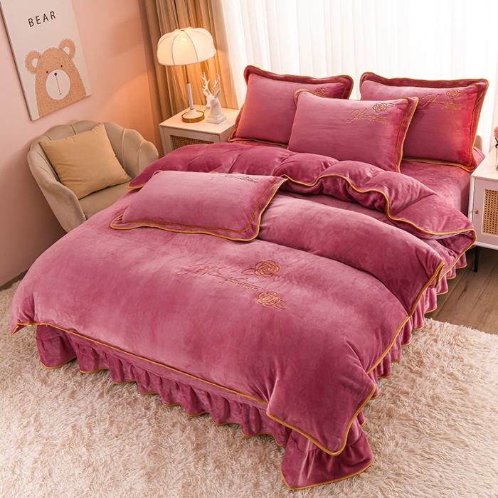 91家纺网 家纺一手货源 找家纺 博兰蒂2023新款绣花牛奶绒四件套床裙款-水仙花系列 豆沙