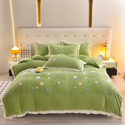 畅畅 2024新款加厚韩版花卉牛奶绒刺绣花四件套婴儿兔毛绒繁花似锦 繁花似锦-草绿