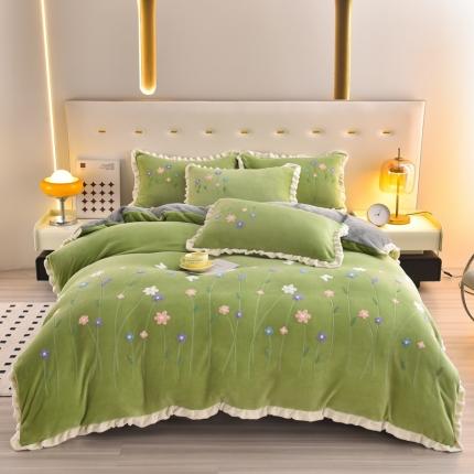 畅畅 2024新款加厚韩版花卉牛奶绒刺绣花四件套婴儿兔毛绒繁花似锦 繁花似锦-草绿+灰