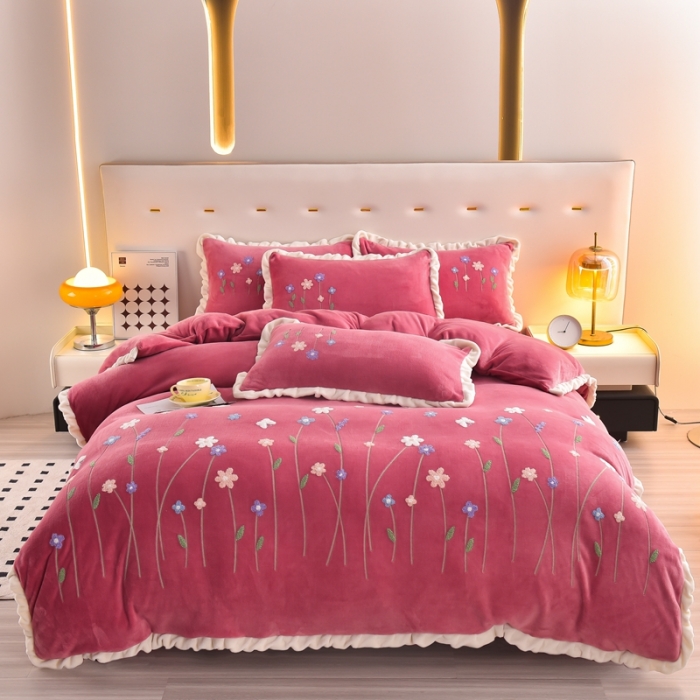 91家纺网 家纺一手货源 找家纺 畅畅 2024新款加厚韩版花卉牛奶绒刺绣花四件套婴儿兔毛绒繁花似锦 繁花似锦-红豆沙