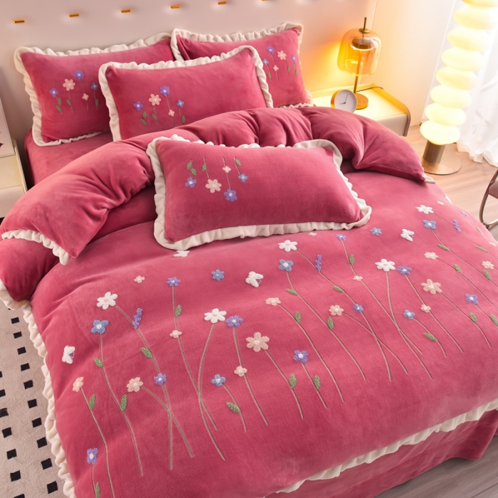 91家纺网 家纺一手货源 找家纺 畅畅 2024新款加厚韩版花卉牛奶绒刺绣花四件套婴儿兔毛绒繁花似锦 繁花似锦-红豆沙