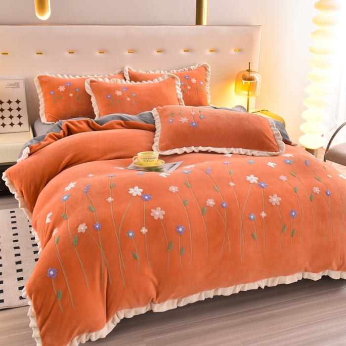 91家纺网 家纺一手货源 找家纺 畅畅 2024新款加厚韩版花卉牛奶绒刺绣花四件套婴儿兔毛绒繁花似锦 繁花似锦-桔+灰