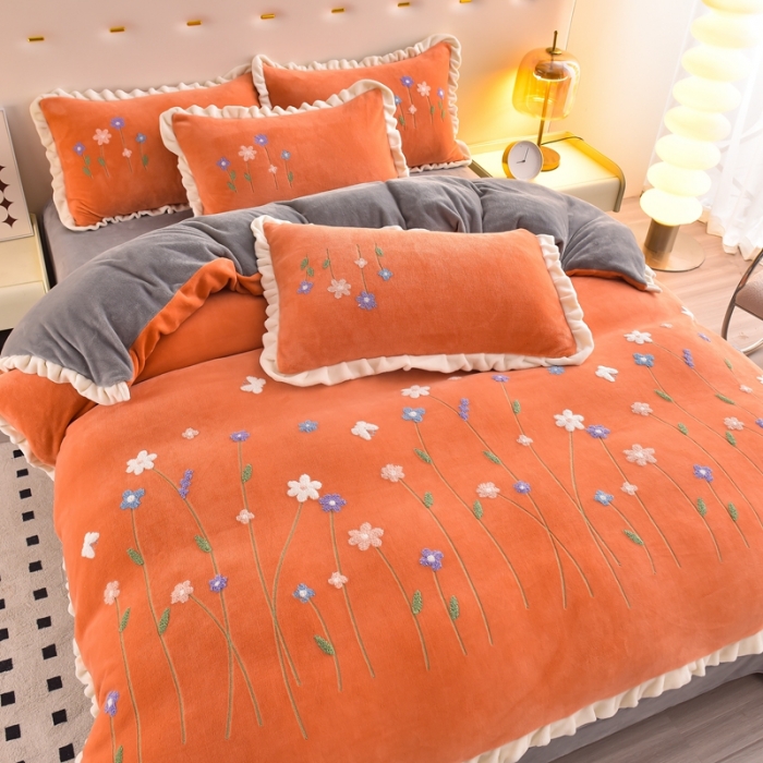 91家纺网 家纺一手货源 找家纺 畅畅 2024新款加厚韩版花卉牛奶绒刺绣花四件套婴儿兔毛绒繁花似锦 繁花似锦-桔+灰