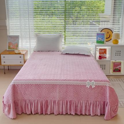 2023直播爆款纯色牛奶绒床盖床裙款蕾丝边素色婴儿绒床盖 蝴蝶结-浅粉
