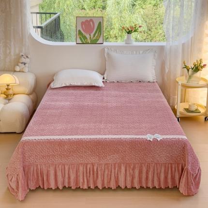 2023直播爆款纯色牛奶绒床盖床裙款蕾丝边素色婴儿绒床盖 蝴蝶结-豆沙