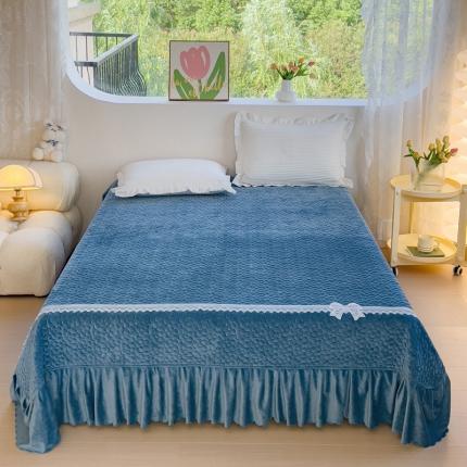 2023直播爆款纯色牛奶绒床盖床裙款蕾丝边素色婴儿绒床盖 蝴蝶结-宝石蓝