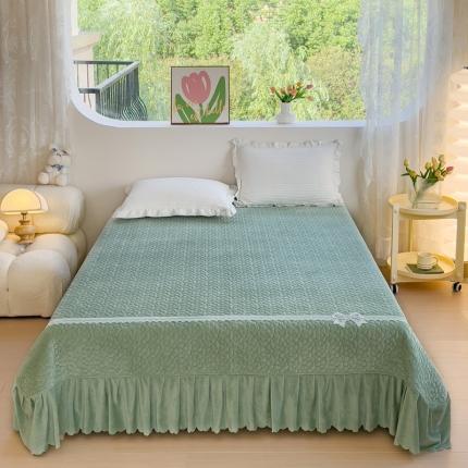 2023直播爆款纯色牛奶绒床盖床裙款蕾丝边素色婴儿绒床盖 蝴蝶结-晴绿