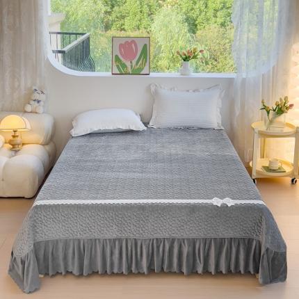 2023直播爆款纯色牛奶绒床盖床裙款蕾丝边素色婴儿绒床盖 蝴蝶结-雾灰