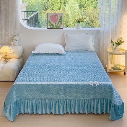 2023直播爆款纯色牛奶绒床盖床裙款蕾丝边素色婴儿绒床盖 蝴蝶结-月光蓝