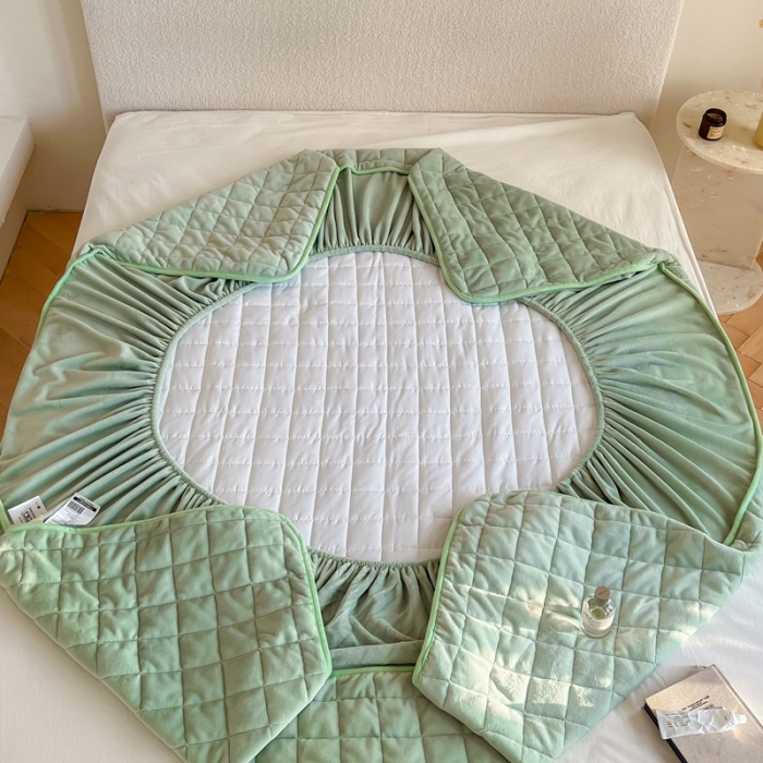 91家纺网 家纺一手货源 找家纺 三味舒屋 2024新款牛奶绒夹棉床笠 方格春绿