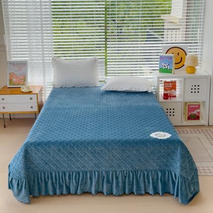 雅眠居 2023秋冬新款纯色牛奶绒床盖床裙款蕾丝边素色婴儿绒床盖 爱心-宝蓝