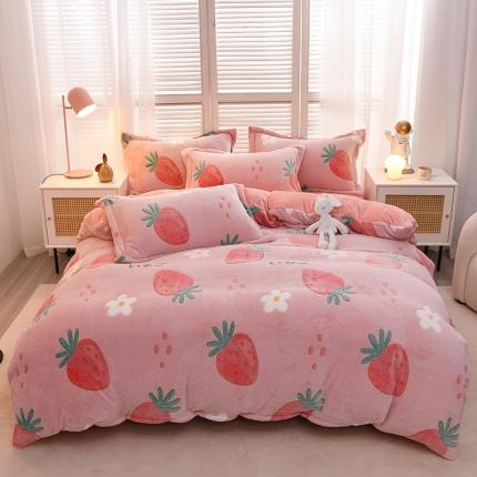 91家纺网 家纺一手货源 找家纺 昊川 2024新款雪花绒加厚保暖四件套草莓粉