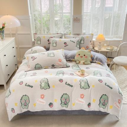 91家纺网 家纺一手货源 找家纺 昊川 2024新款雪花绒加厚保暖四件套小恐龙-米