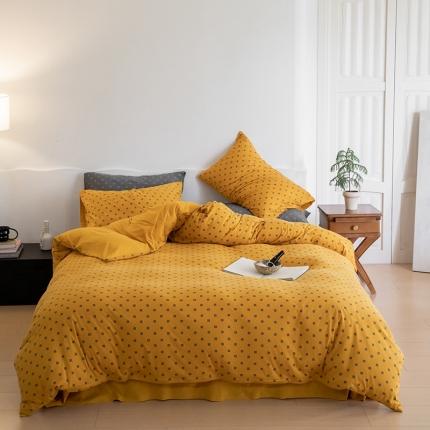 91家纺网 家纺一手货源 找家纺 华超针织 2023新款针织棉魔方格印花四件套 魔方格姜黄