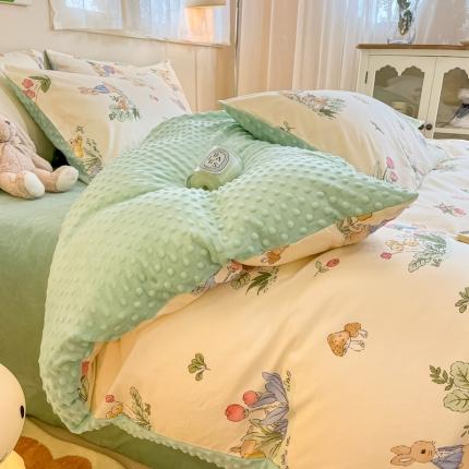 91家纺网 家纺一手货源 找家纺 简宜家居 2023新款棉加绒豆豆绒牛奶绒四件套 花园兔