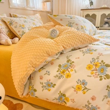 91家纺网 家纺一手货源 找家纺 简宜家居 2023新款棉加绒豆豆绒牛奶绒四件套 宁静-米黄