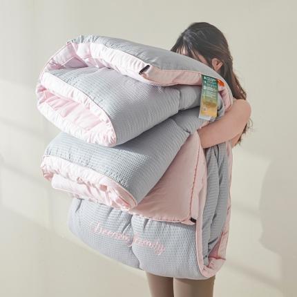 91家纺网 家纺一手货源 找家纺 花言狐语 2025新款AB版泡泡纱刺绣春秋被被子被芯 泡泡纱AB 太空灰+粉